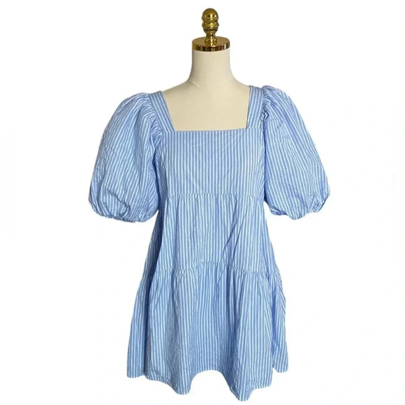 NASTY GAL | Striped Blue/White Puff Sleeve Oversized Mini Shift Dress Size 4 - Picture 5 of 9